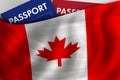 Canadian flag background and passport of Canada. Citizenship, official legal immigration, visa, business and travel concept
