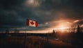 Canadian flag backlit by sunset over forest generated by AI Royalty Free Stock Photo