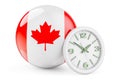 Canadian flag with clock. Time in Canada, 3D rendering