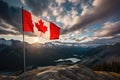 Canadian flag waving in the wind against a background of mountains and lake, Canada flag and beautiful Canadian landscapes, AI Royalty Free Stock Photo