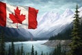 Canadian flag waving in the wind against picturesque lake and snowy mountains, Canada flag and beautiful Canadian landscapes, AI Royalty Free Stock Photo