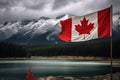 Canadian flag waving in the wind against scenic view of lake and mountains, Canada flag and beautiful Canadian landscapes, AI Royalty Free Stock Photo