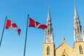 Canadian flags in front of the Notre-Dame Cathedral Basilica in Ottawa, Canada Royalty Free Stock Photo