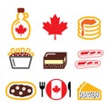 Canadian food icons - maple syrup, poutine, nanaimo bar, beaver tale, tourtiere