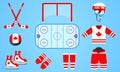 Canadian ice hockey equipment collection. Vector illustration. Isolated icons with Canada national flag. Winter sports design. Hoc