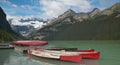 Canadian landscape in Lake Louise with canoes. Alberta. Canada Royalty Free Stock Photo