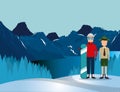 Canadian landscape with snowboard athlete and ranger scene