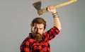 Canadian lumberjack in plaid shirt with axe. Logger tools. Bearded man with hatchet. Cutting wood. Royalty Free Stock Photo