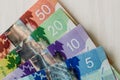 Canadian money. Dollar banknotes on wooden background