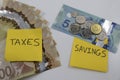 Canadian Money with a note saying savings and taxes Royalty Free Stock Photo