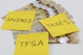 Canadian money with a note saying savings, taxes and tfsa on it Royalty Free Stock Photo