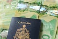 Canadian passport laying on top of twenty dollar bills. Concept of immigrating or emigrating, or travelling with a canadian Royalty Free Stock Photo