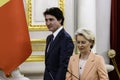 Canadian PM Justin Trudeau and European Commission President Ursula von der Leyen before a joint press conference Royalty Free Stock Photo