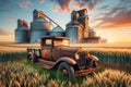 Canadian Prairies Sunrise Grain Elevators Rural Countryside Vintage Retro Rusted Vehicles Farming AI Generated Royalty Free Stock Photo