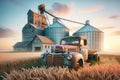 Canadian Prairies Sunrise Grain Elevators Rural Countryside Vintage Retro Rusted Vehicles Farming AI Generated Royalty Free Stock Photo