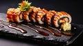 Canadian Roll Unveiling Grilled Eel on a Bed of Obsidian. Generative AI