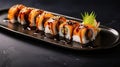 Canadian Roll Unveiling Grilled Eel on a Bed of Obsidian. Generative AI