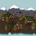 Canadian and scandinavian red brown wooden houses with grass on the roof and yellow trees, mountains, helocopter vector handwritte