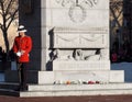 Canadian Soldier In Historic Uniform At Cenotaph For Remembrance Day