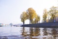 The canal in Amsterdam. Blue sky and bridge in the city. Free space for text.