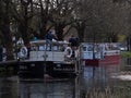 Canal barges / boats on the Grand Canal, Dublin, Ireland at dusk Royalty Free Stock Photo