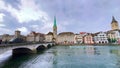 The canal boat on Limmat River against Lindenhof, Zurich, Switzerland