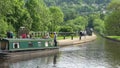 Canal boat over Pontcysyllte Aqueduct Llangollen Wales UK