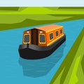 Top Front Side View Canal Boat on River Vector Illustration