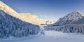 Canal bridge between lake plansee and heiterwangersee in snowy winter and frozen water