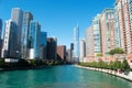 Canal on the Chicago river with buildings and skyscrapers skyline and the Trump tower Royalty Free Stock Photo