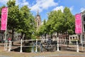 Canal and church tower in Delft, Holland Royalty Free Stock Photo