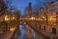 Canal and Dom church in Utrecht, The Netherlands at night Royalty Free Stock Photo