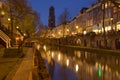 Canal and Dom church in Utrecht, The Netherlands at night Royalty Free Stock Photo