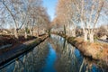 Canal du Midi in winter and its rows of plane trees near BÃÂ©ziers, in Herault, in Occitanie, France Royalty Free Stock Photo