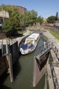 Canal du Midi, ship lock and sightseeing boat