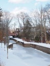 The canal has ice and snow on this winter day.