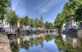 Historical buildings along a canal in Leiden, Holland