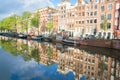 Canal houses and boats reflected in calm peaceful canal water