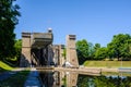 Canal and lift lock viewed from lower level in Peterborough, Ontario, Canada Royalty Free Stock Photo