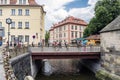 Canal of the Moldova river under the last arch of Charles Bridge