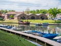Canal with old boathouses in Brielle, Netherlands