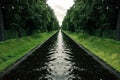 canal in the Park of symmetry between trees on a cloudy day