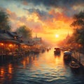 Canal at Sunset - Traditional Oil Painting Style, Retro. Digital Art