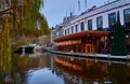 Canal and Sushi bar in Amsterdam, Netherlands