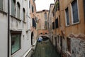 Canal in Venice with docked gondola and boats,