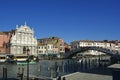 Venice, Italy, October 2021: Canal view overlooking the Santa Maria di Nazareth Church and Ponte degli Scalzi bridge.