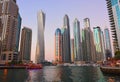 Canal view and skyscrapers in Dubai Marina.