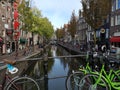 Canals, bridge, bike and houses of Amsterdam city, in Holland, Netherlands Royalty Free Stock Photo