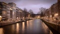 Canals at night in Amsterdam Netherlands. March 2015.