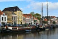 Canals, ships and old houses in the Netherlands. City Zwolle.